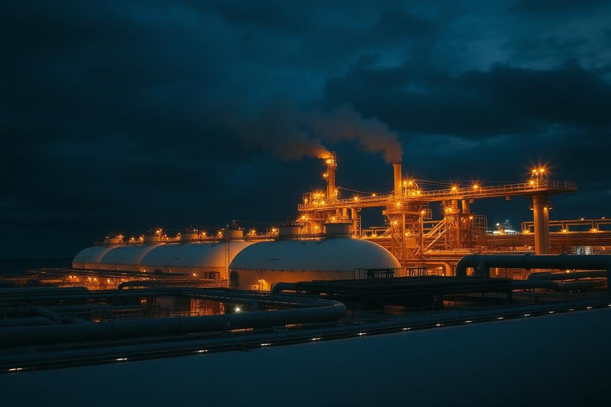 LNG terminal and pipeline infrastructure at dusk