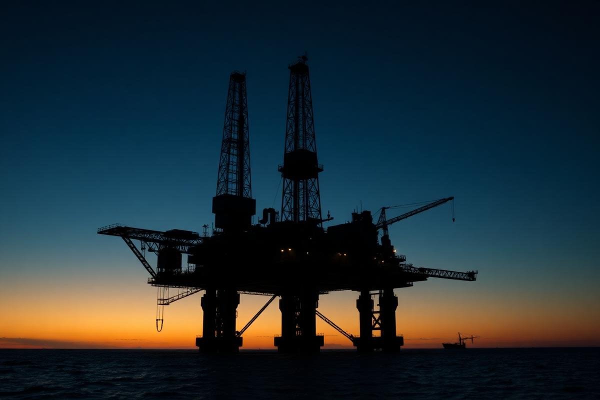 Offshore oil drilling platform silhouetted at twilight